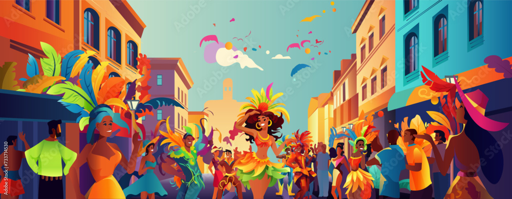 Brazilian samba dancers girls wearing festival costume and dancing on old city street carnival party concept - obrazy, fototapety, plakaty 