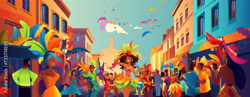 Brazilian samba dancers girls wearing festival costume and dancing on old city street carnival party concept