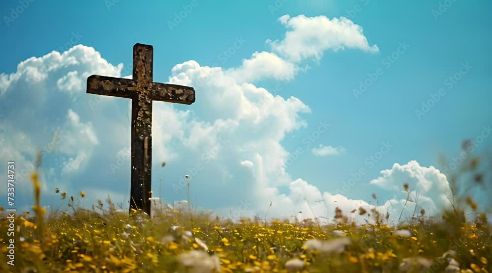 cross on the hill with field flowers blue sky and white clouds Generative AI