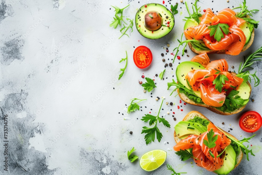 Open sandwiches toasts with salted salmon, avocado guacamole, roasted chickpeas Open sandwiches toasts with salted salmon, avocado guacamole, roasted chickpeas