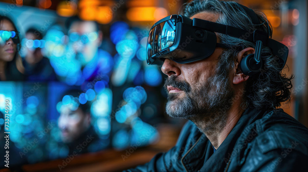As the street lights glimmered in the night, a man with a thick beard and stylish clothing stood on the corner, completely immersed in his virtual reality world as he listened to music through his he As the street lights glimmered in the night, a man with a thick beard and stylish clothing stood on the corner, completely immersed in his virtual reality world as he listened to music through his he