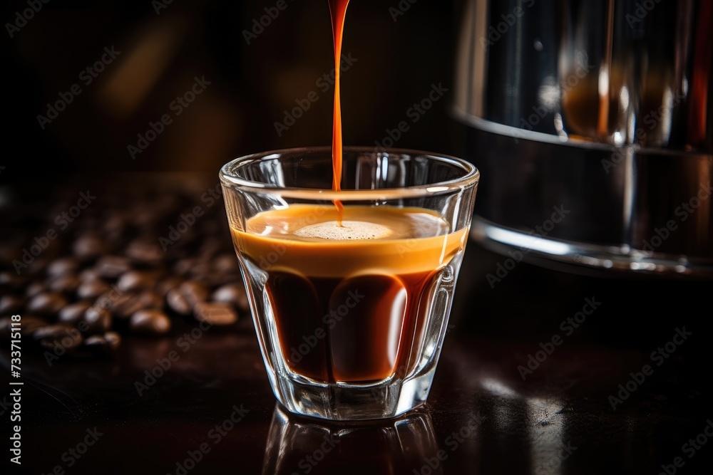 Espresso Shot: Close-up of a freshly brewed espresso shot with a crema layer. Espresso Shot: Close-up of a freshly brewed espresso shot with a crema layer.