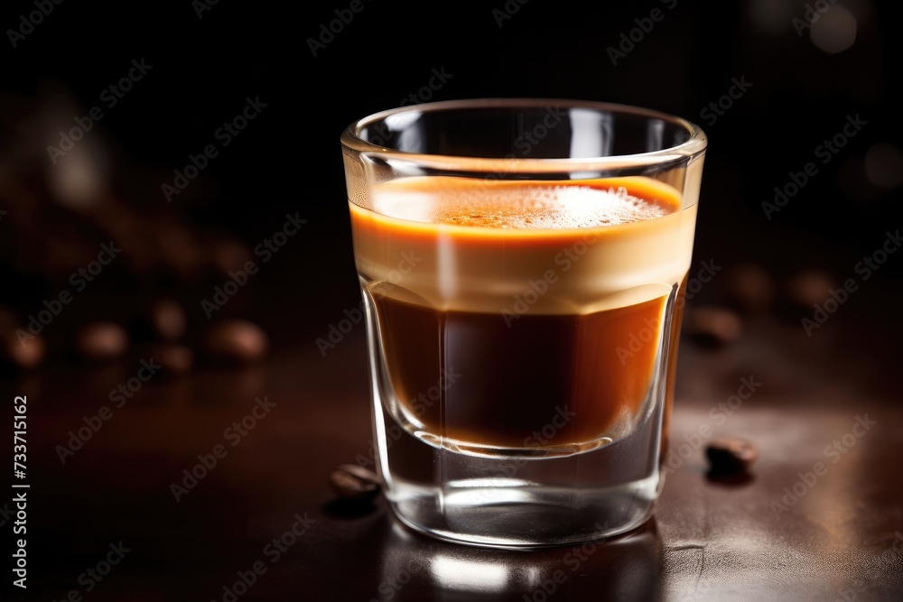 Espresso Shot: Close-up of a freshly brewed espresso shot with a crema layer. Espresso Shot: Close-up of a freshly brewed espresso shot with a crema layer.