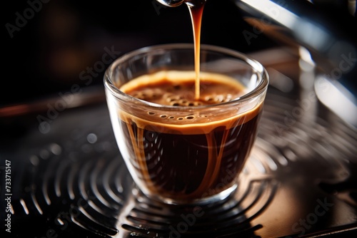 Espresso Shot  Close-up of a freshly brewed espresso shot with a crema layer.