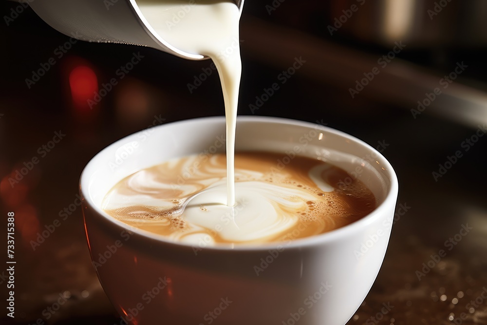 Cappuccino Pour: Slow-motion pour of frothy milk into a shot of espresso. Cappuccino Pour: Slow-motion pour of frothy milk into a shot of espresso.