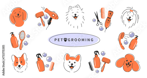 Pet grooming. Different dogs and tools for animal hair grooming, haircuts, bathing, hygiene. Dog care. Vector illustration.