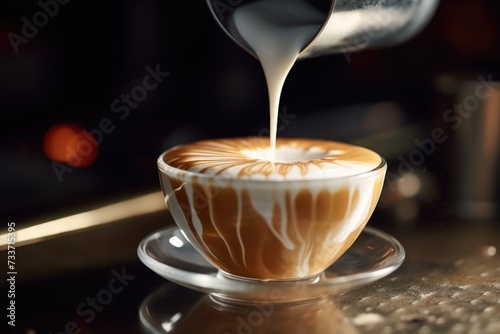 Cappuccino Pour: Slow-motion pour of frothy milk into a shot of espresso.