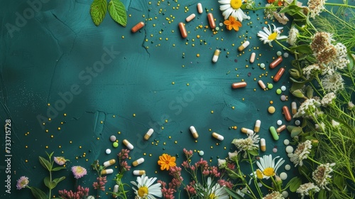 Colorful Pills and Wild Flowers Top View