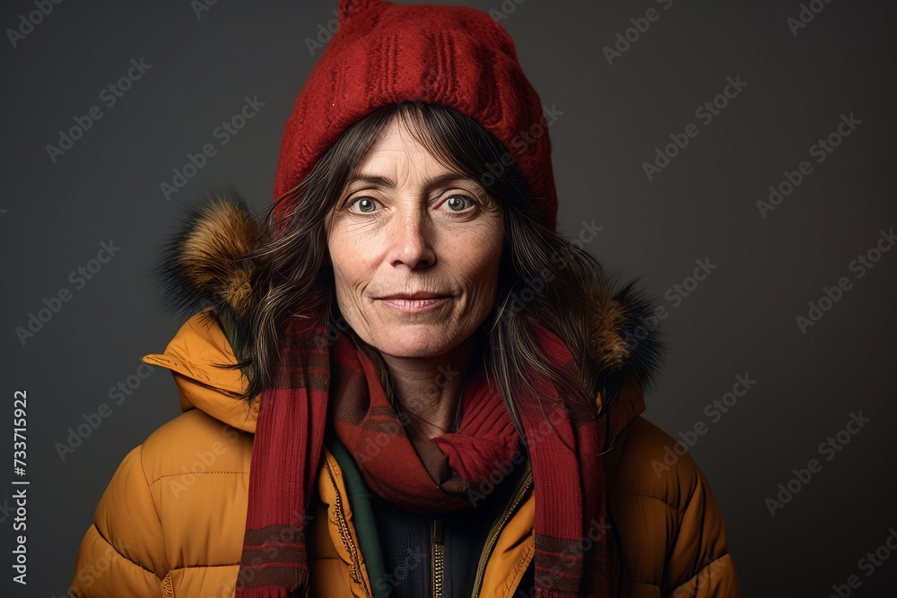 Portrait of a senior woman wearing a warm hat and scarf. Portrait of a senior woman wearing a warm hat and scarf.