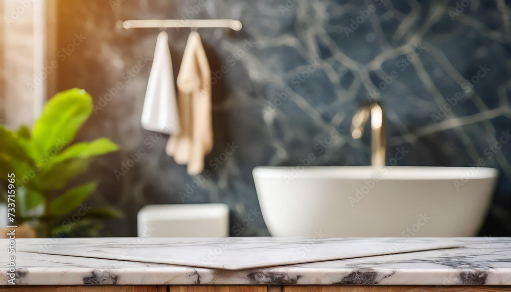 Empty marble table in front of blurred bathroom interior background. For product display