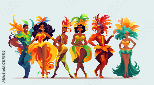 Brazilian samba dancers girls wearing festival costume and dancing together carnival party concept horizontal photo