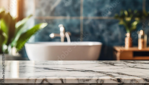 Empty marble table in front of blurred bathroom interior background. For product display
