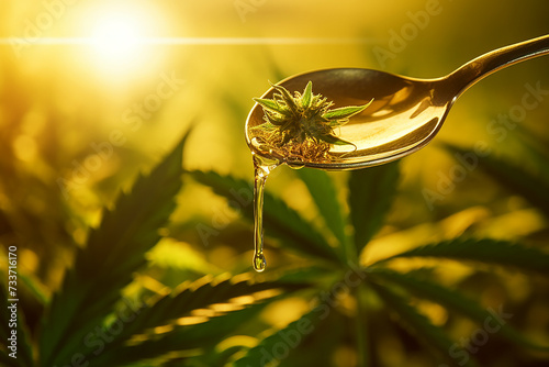 CBD hemp oil droplets pouring  from spoon on blurred sunny marijuana plant background photo