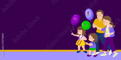 Bright colourful banner with family celebrating Mardi Gras on purple background. Hat, crown, beads, symbol, balloon, serpentine. Doodle hand drawn vector illustration in cartoon style