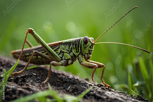 Close-up of a grasshopper perched on a blade of green grass. 