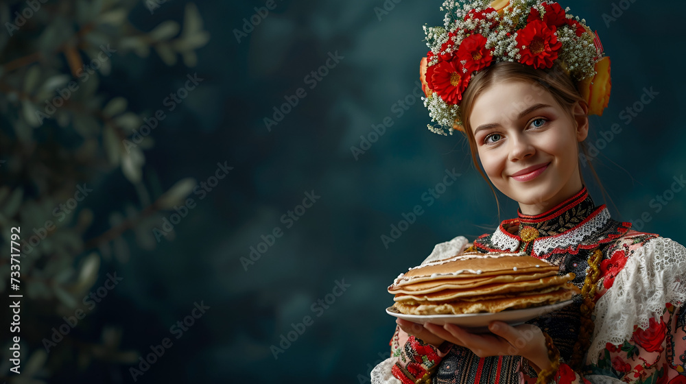 banner for Maslenitsa with copy space, a girl with a plate of pancakes on a dark background with space for text