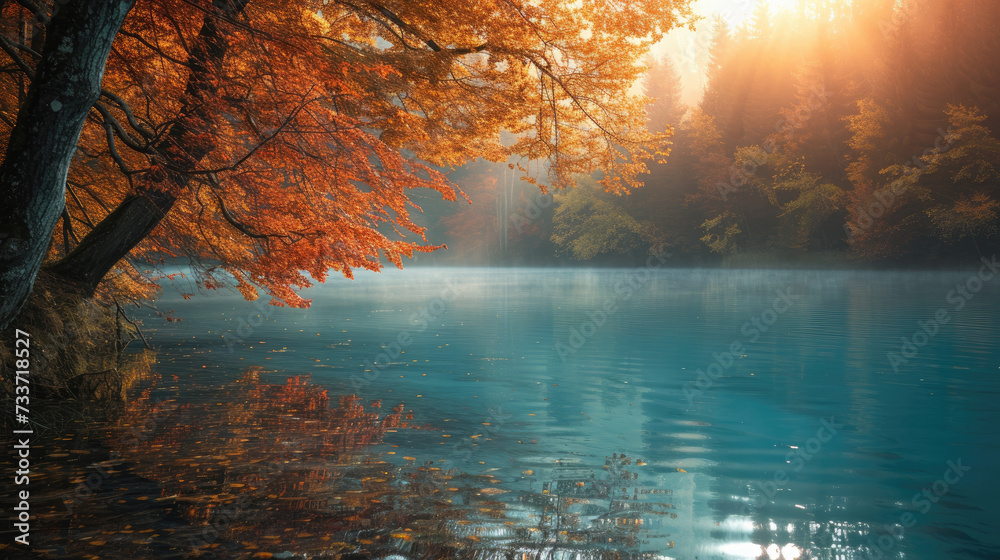 Vibrant autumn reflections on turquoise lake with fiery red foliage