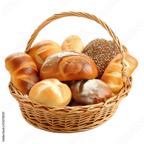 Bread and rolls in wicker basket on transparency background PNG