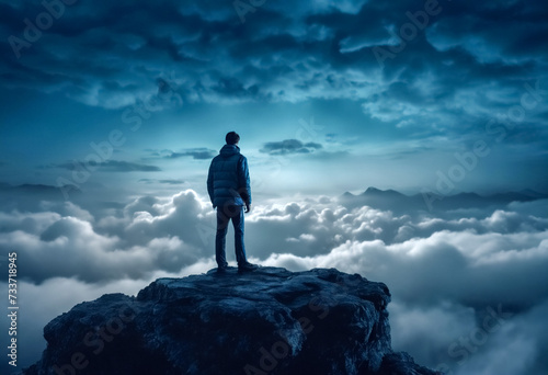 Silenziosa Contemplazione- Uomo sulla Vetta della Montagna di Notte, Sotto le Nuvole, Vista Notturna
