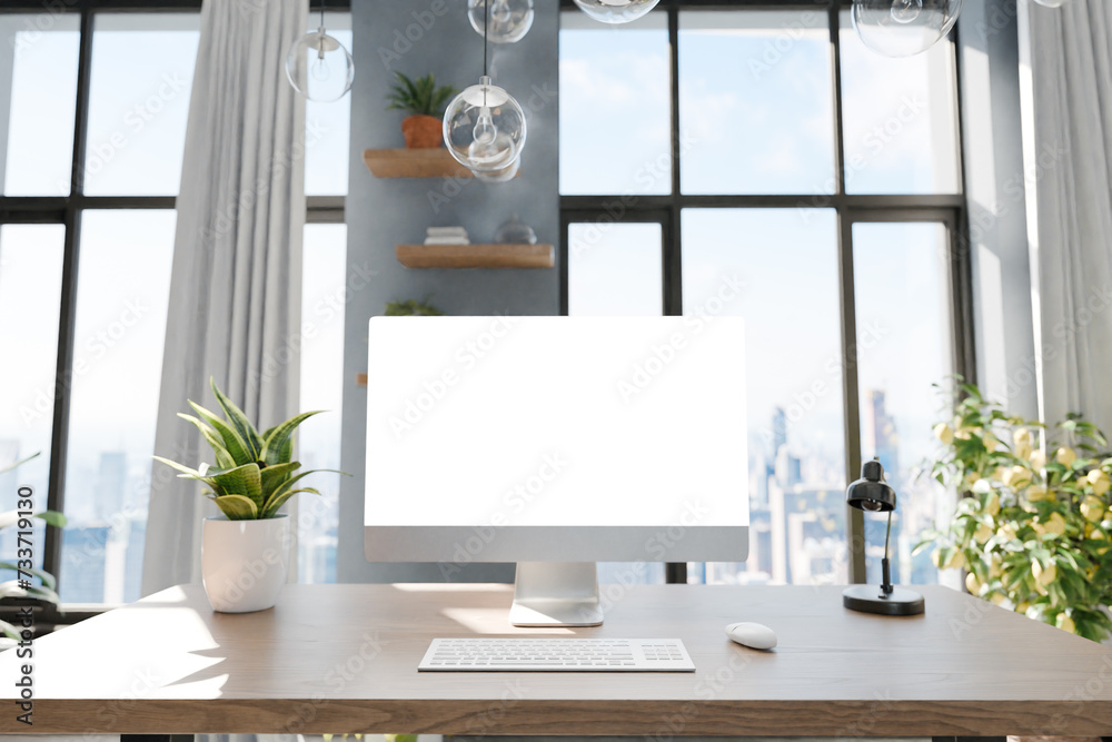 frontal view on modern clean pc workplace; white monitor with copy space; minimalist office background with panoramic view on idyllic garden; digital home office concept; 3D rendering frontal view on modern clean pc workplace; white monitor with copy space; minimalist office background with panoramic view on idyllic garden; digital home office concept; 3D rendering