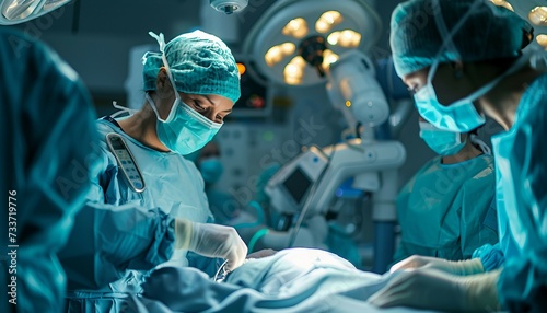 Surgical Robotics Revolutionizing Healthcare, the impact of surgical robotics with an image showing a robotic surgical system assisting surgeons during a minimally invasive procedure, AI  photo