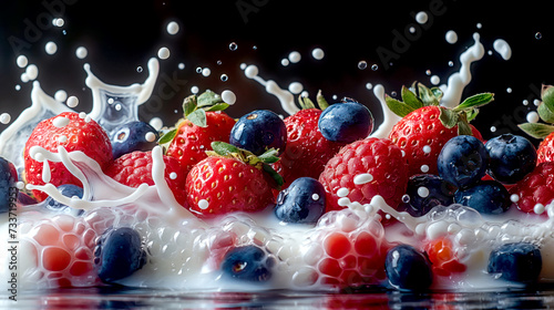 Wild berries with splashes of milk. The concept of dietary and healthy food and drinks. Advertising banner for dairy products and vitamin berries.