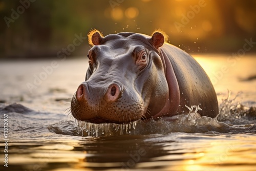 Hippopotamus wading in river at sunset on safari © chelmicky