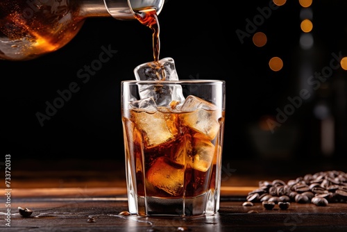 Iced Coffee Pour: Pouring cold brew coffee over ice cubes. photo