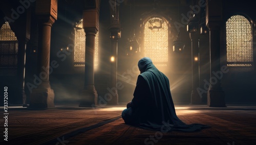 Muslim man praying in a mosque, symbolizing spiritual devotion.