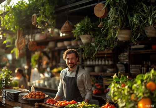 Handsome bearded chef in apron preparing food standing in modern restaurant kitchen