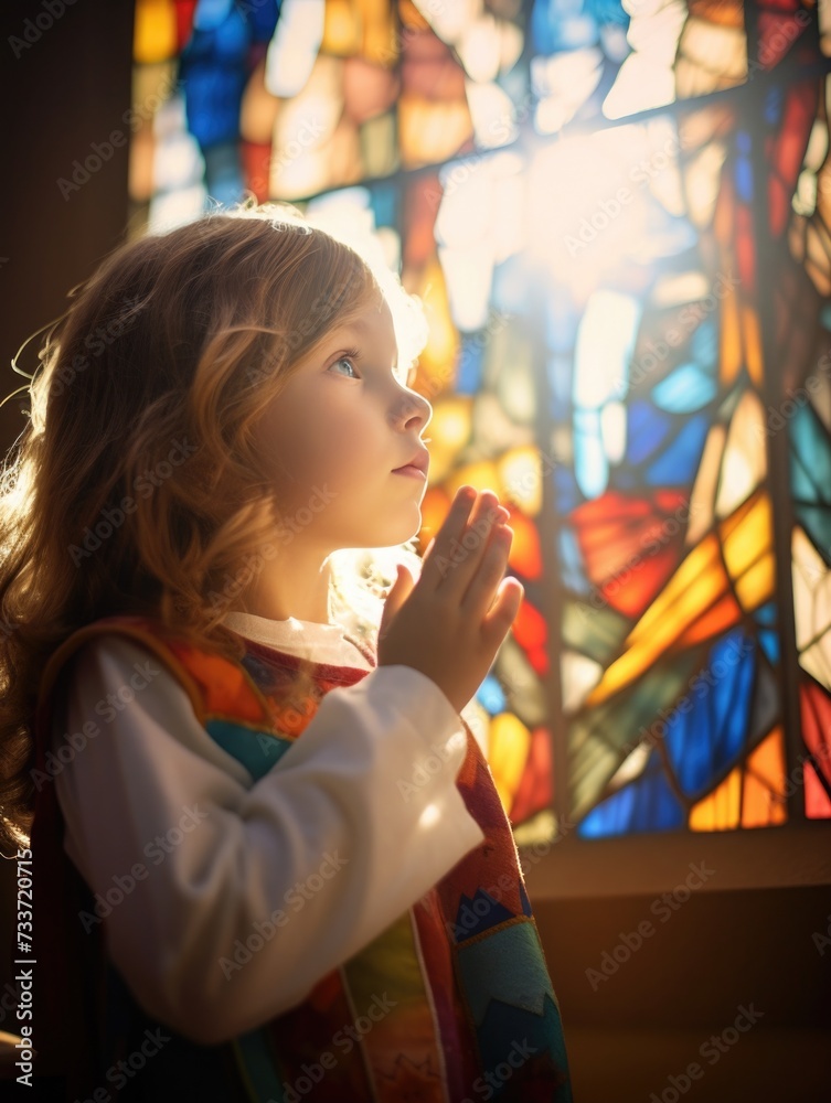 baby's first communion in church. a child prays near a stained glass window. faith, hope. girl folded hands in prayer