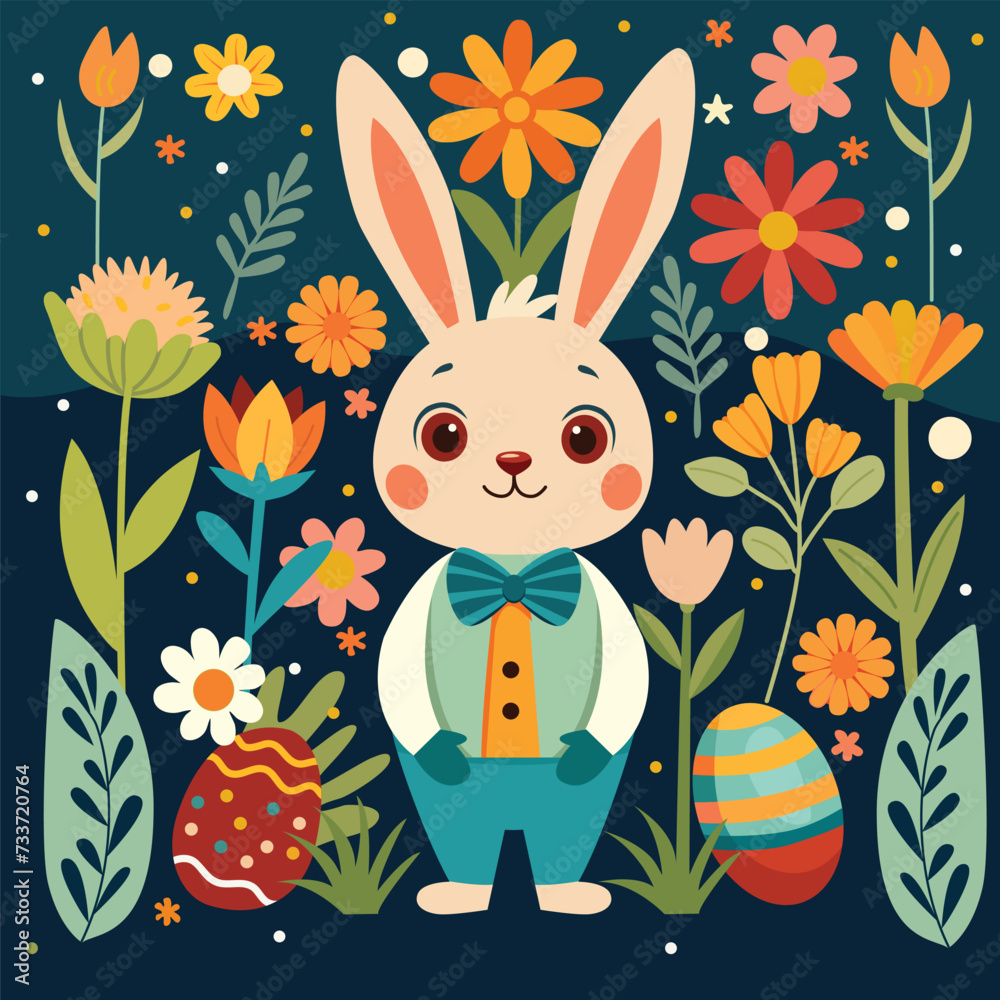 Easter bunny with flowers and eggs. Rabbit with folk flower elements.