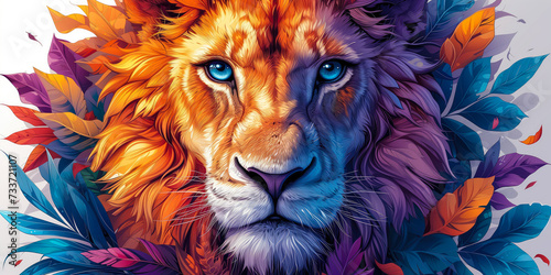 Colorful portrait of a lion in the style of detailed botanical illustrations. T-shirt design concept. Cartoon, exotic atmosphere, white background.