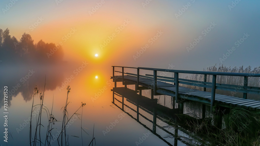 A misty morning over the lake with an old wooden bridge