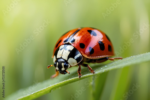 Detailed close-up of a ladybug perched on a blade of grass in a meadow. 