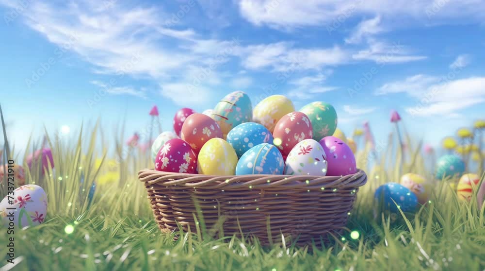 colorful hand painted eggs in the basket made of bamboo in the middle of green grass yard with clear blue sky easter egg day background animation colorful hand painted eggs in the basket made of bamboo in the middle of green grass yard with clear blue sky easter egg day background animation