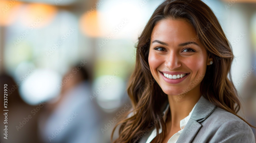 A smiling woman in a suit stands against the backdrop of an open space office. A smiling woman in a suit stands against the backdrop of an open space office.