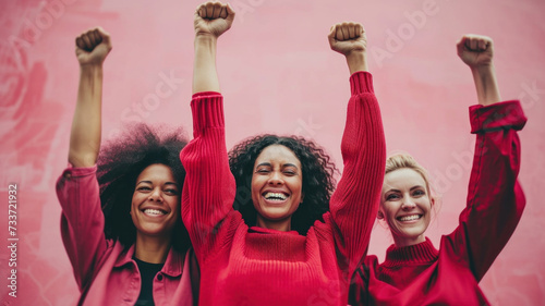 International Women's Day. Feminists shows a girl power gesture on a pink background.
