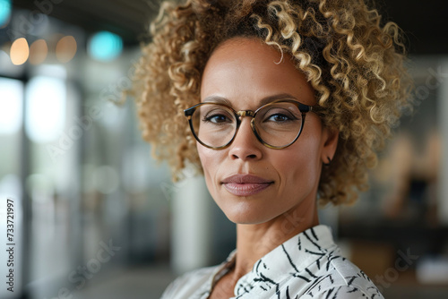 Mature confident African American woman stands against the backdrop of an open space office.