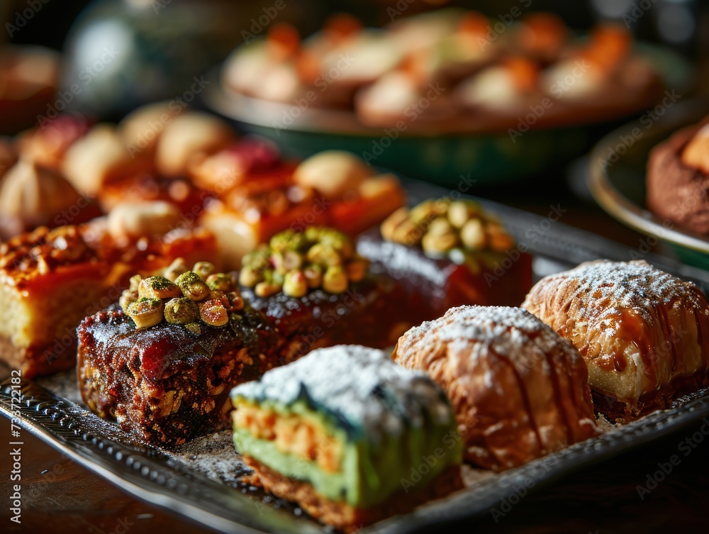 close-up view of a traditional Arabic dessert variety of rich and decadent oriental sweets, featuring nuts and syrup on a dark, textured background. close-up view of a traditional Arabic dessert variety of rich and decadent oriental sweets, featuring nuts and syrup on a dark, textured background.