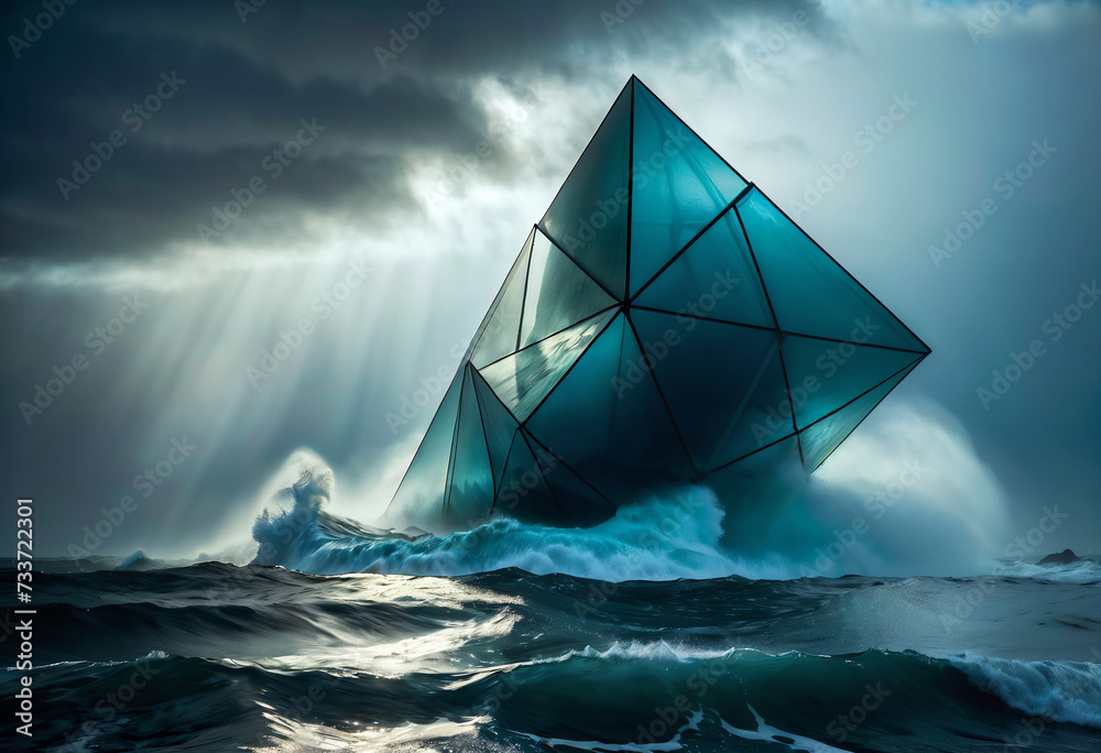 Obraz premium giant blue glass pyramid is half submerged in the ocean, surrounded by crashing waves and illuminated by a beam of sunlight breaking through the clouds.