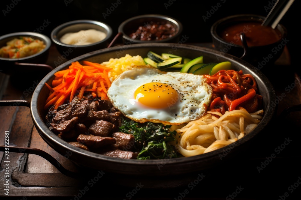 Delicious south korean bibimbap. mixed rice dish with savory meat and assorted vegetables Delicious south korean bibimbap. mixed rice dish with savory meat and assorted vegetables