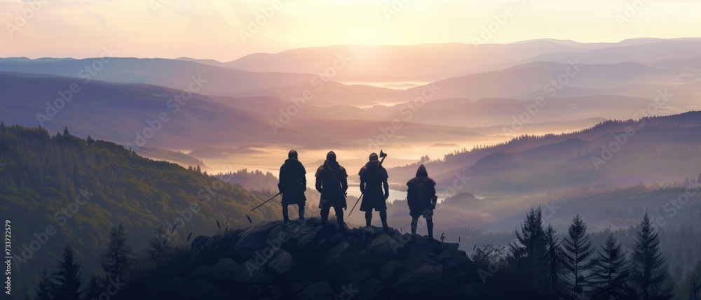 Four Adventurers on the Ridge, Gazing Upon the Verdant Valley Between Twin Peaks