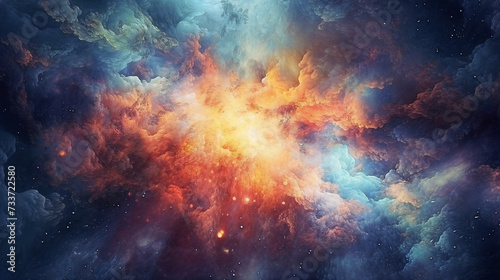 a colorful space filled with lots of clouds and stars in the sky, with a bright orange and blue center, generative ai