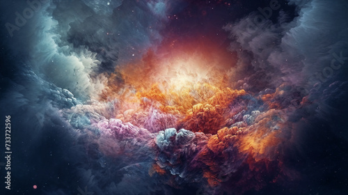 a colorful  abstract image of clouds and stars in the sky with a bright light in the center of the image  generative ai