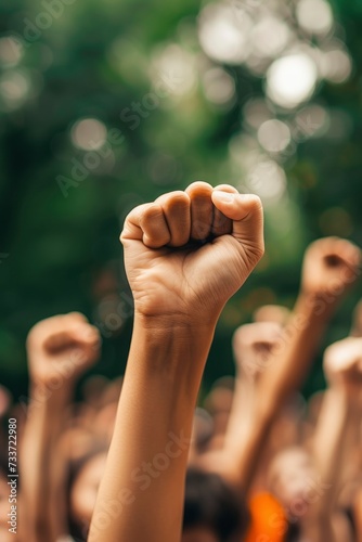 Fists of Unity. Pacifist Protesters Rallying Against Racism, Demanding Justice with Unfocused Background.