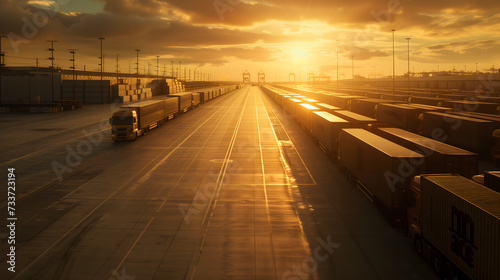 the dynamic interplay of light and shadow across the vast expanse of a logistic park at the golden hour © Christian