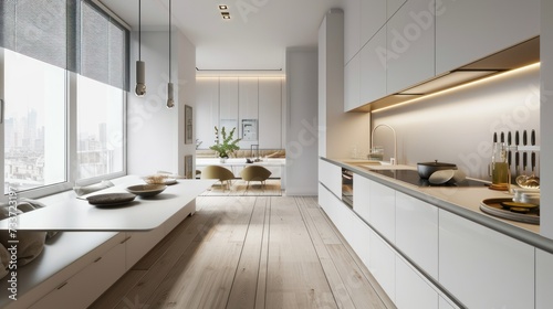 Wallpaper Mural The kitchen radiates contemporary elegance with its minimalist white palette, complemented by grey flooring, and the natural warmth of oak wood built-in furniture Torontodigital.ca