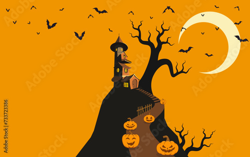 Wallpaper Mural happy halloween  night yellow background with Haunted Castle. Torontodigital.ca