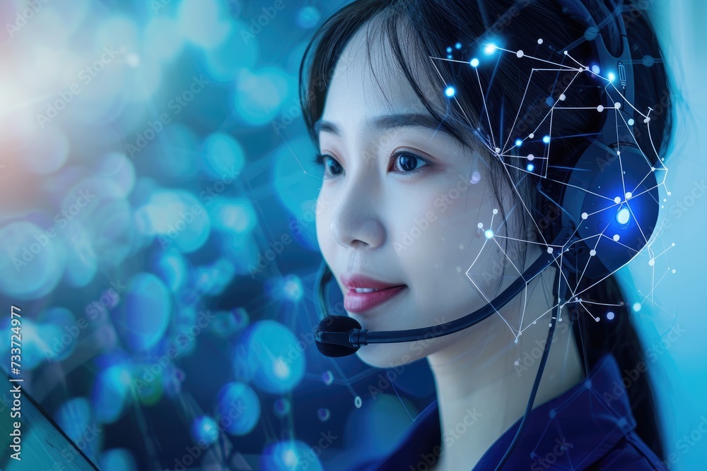 customers are served by a female employee in the call center. A modern digital image serves as the background customers are served by a female employee in the call center. A modern digital image serves as the background